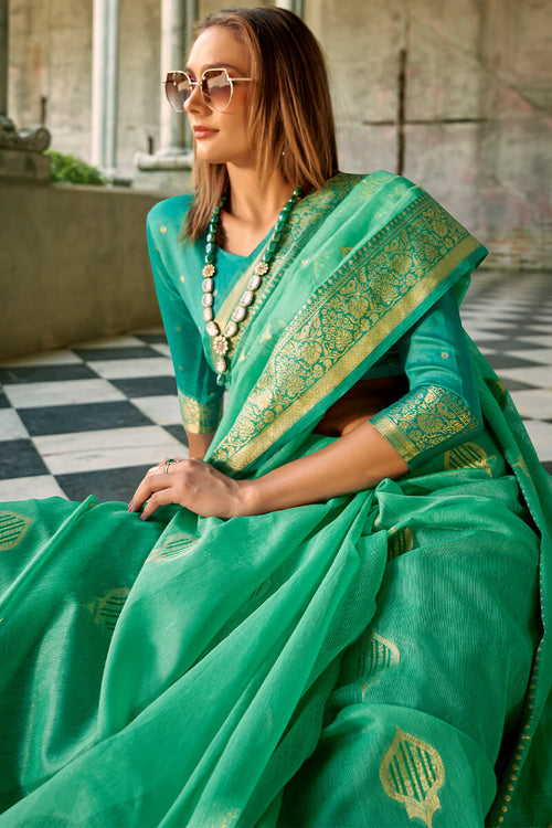 Load image into Gallery viewer, Enthralling Green Soft Banarasi Tissue Silk Saree With Glamorous Blouse Piece
