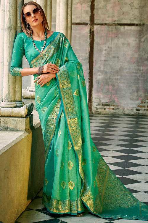 Load image into Gallery viewer, Enthralling Green Soft Banarasi Tissue Silk Saree With Glamorous Blouse Piece
