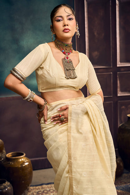 Gleaming Beige Pure Munga Cotton Silk Saree With Prodigal Blouse Piece
