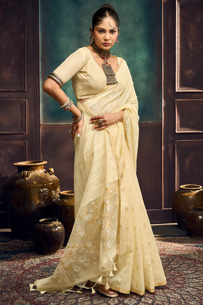 Gleaming Beige Pure Munga Cotton Silk Saree With Prodigal Blouse Piece
