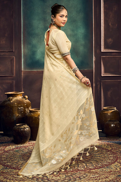 Gleaming Beige Pure Munga Cotton Silk Saree With Prodigal Blouse Piece