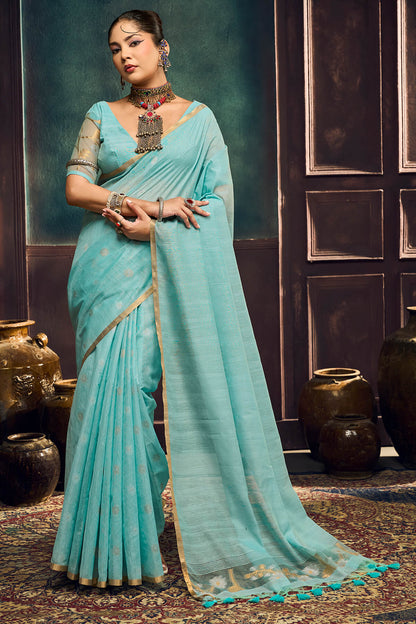 Grandiose Sky Pure Munga Cotton Silk Saree With Desiring Blouse Piece