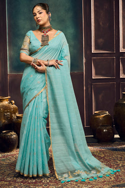 Grandiose Sky Pure Munga Cotton Silk Saree With Desiring Blouse Piece