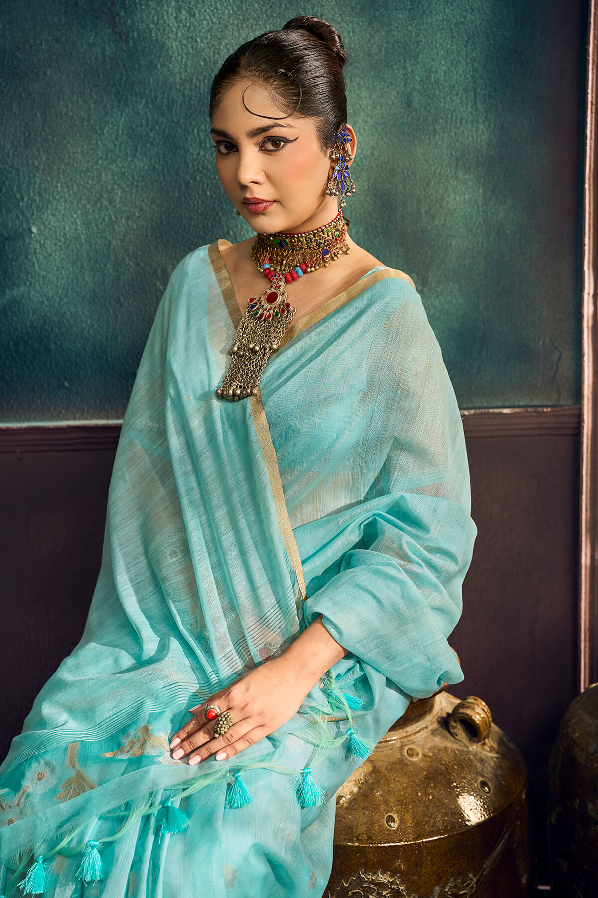 Grandiose Sky Pure Munga Cotton Silk Saree With Desiring Blouse Piece