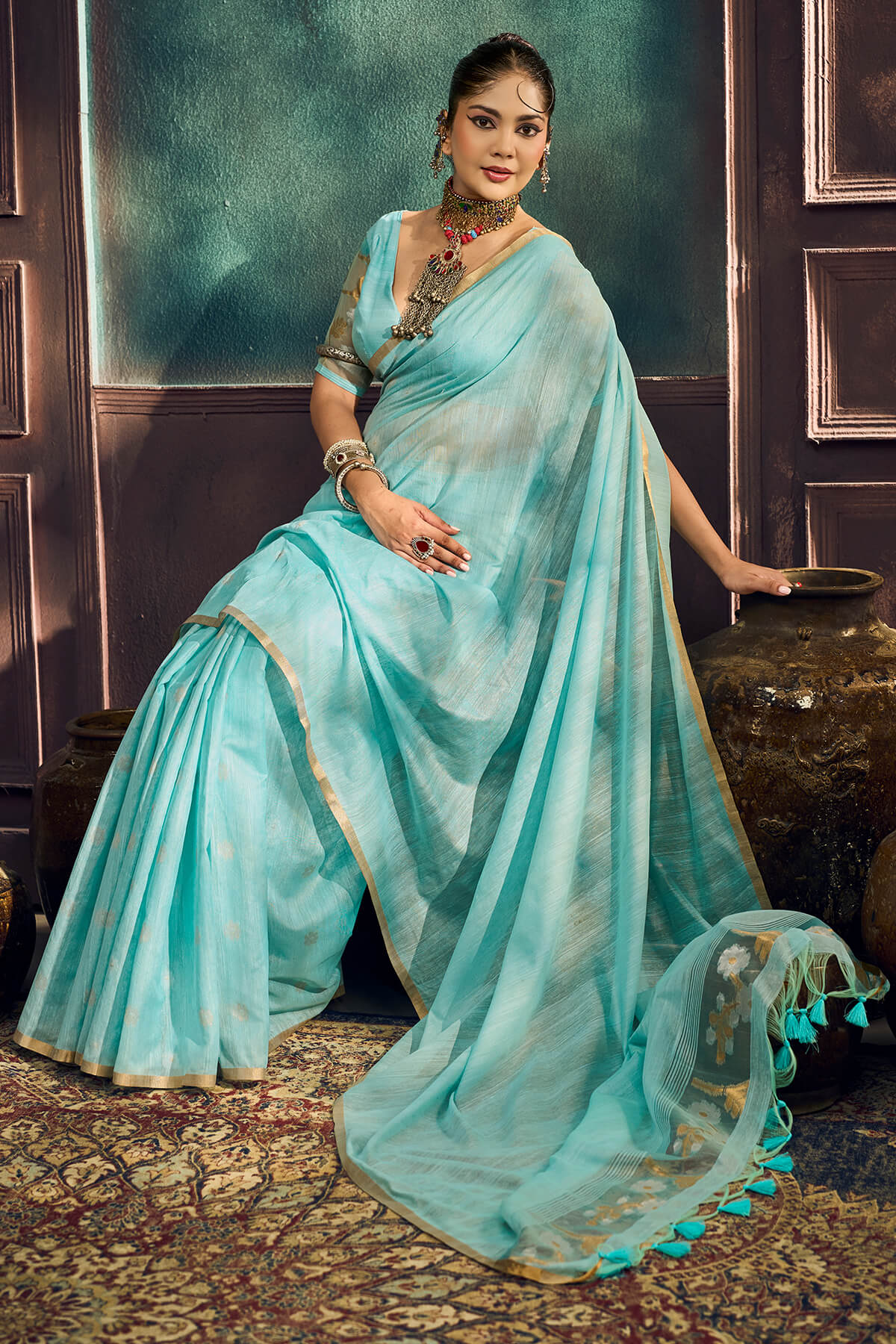 Grandiose Sky Pure Munga Cotton Silk Saree With Desiring Blouse Piece