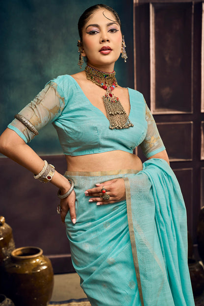 Grandiose Sky Pure Munga Cotton Silk Saree With Desiring Blouse Piece