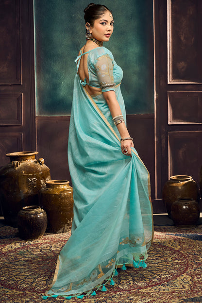 Grandiose Sky Pure Munga Cotton Silk Saree With Desiring Blouse Piece