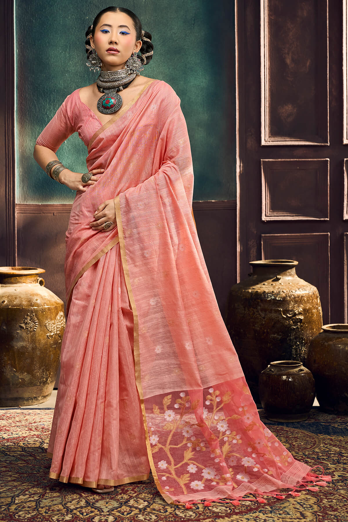Luminous Peach Pure Munga Cotton Silk Saree With Twirling Blouse Piece