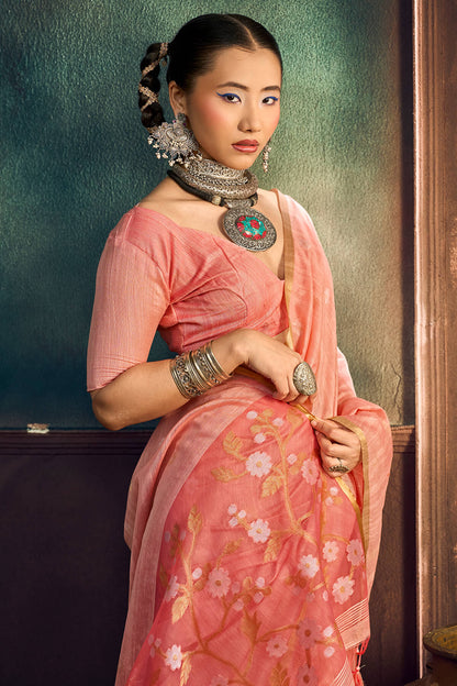 Luminous Peach Pure Munga Cotton Silk Saree With Twirling Blouse Piece