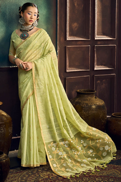 Allure Pista Pure Munga Cotton Silk Saree With Classic Blouse Piece