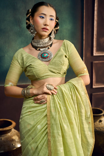 Allure Pista Pure Munga Cotton Silk Saree With Classic Blouse Piece