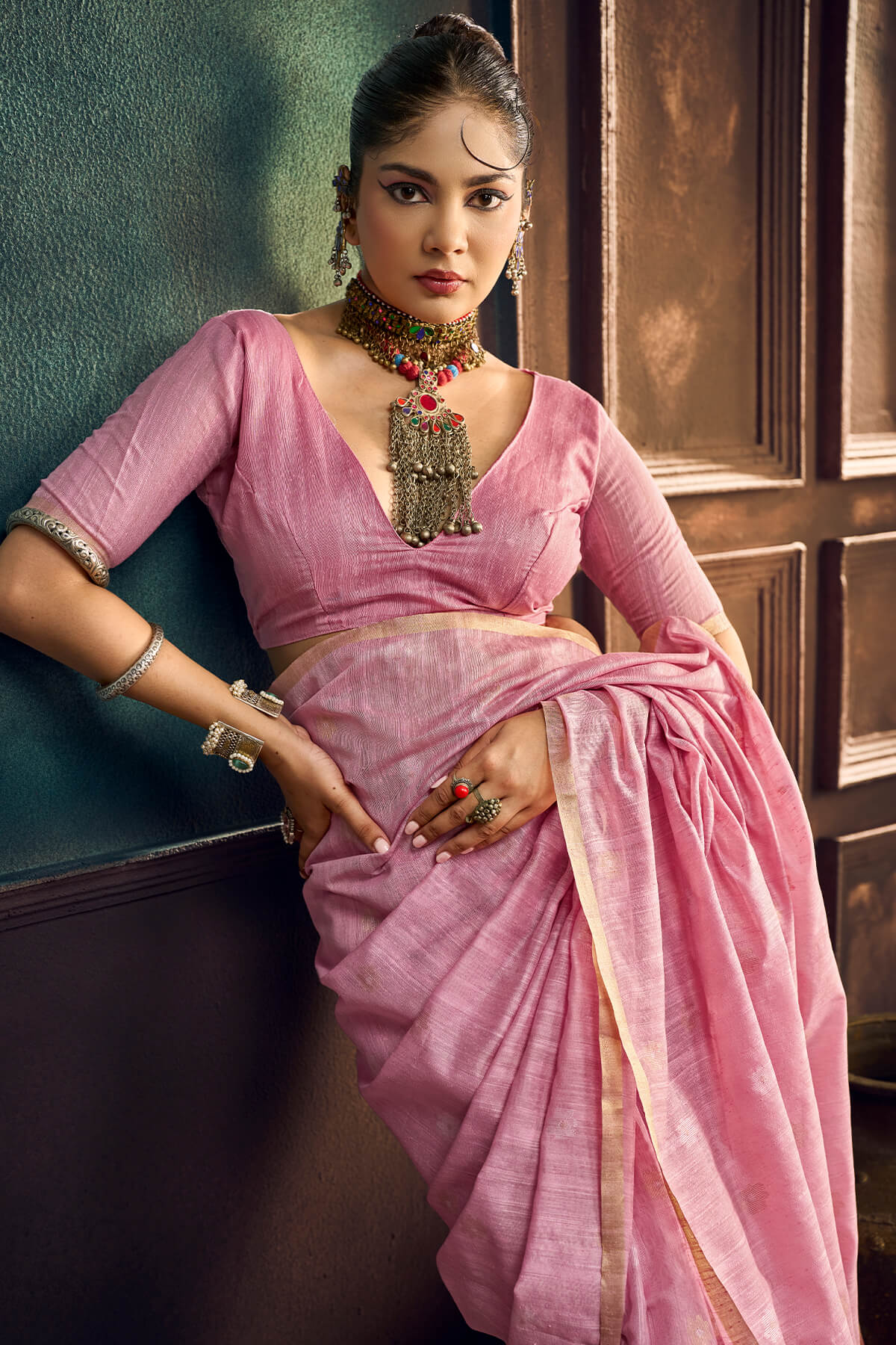 Cynosure Pink Pure Munga Cotton Silk Saree With Dissemble Blouse Piece
