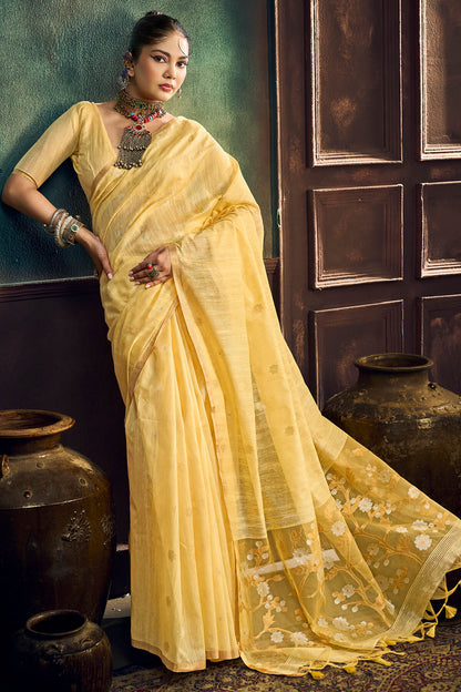 Glamorous Yellow Pure Munga Cotton Silk Saree With Evocative Blouse Piece