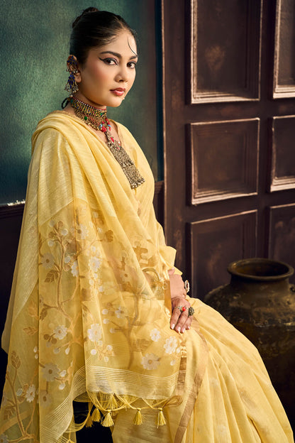 Glamorous Yellow Pure Munga Cotton Silk Saree With Evocative Blouse Piece