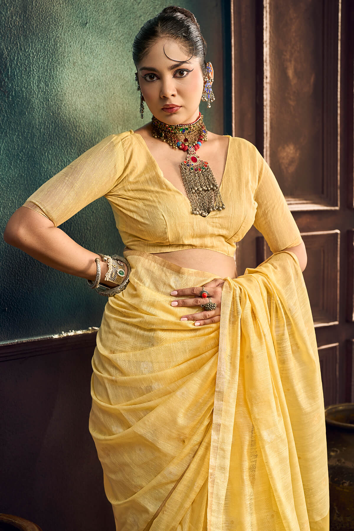 Glamorous Yellow Pure Munga Cotton Silk Saree With Evocative Blouse Piece