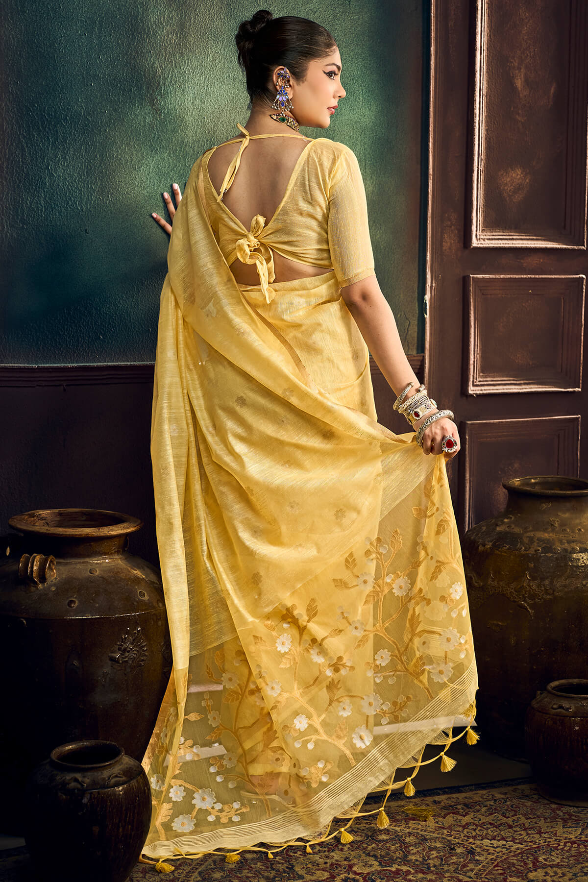Glamorous Yellow Pure Munga Cotton Silk Saree With Evocative Blouse Piece