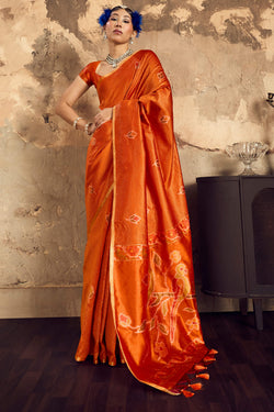 Exceptional Orange Banarasi Handloom Silk Saree With Traditional Blouse Piece