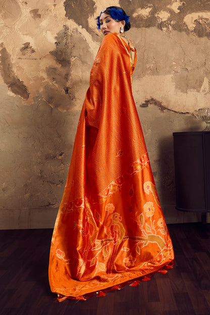 Exceptional Orange Banarasi Handloom Silk Saree With Traditional Blouse Piece