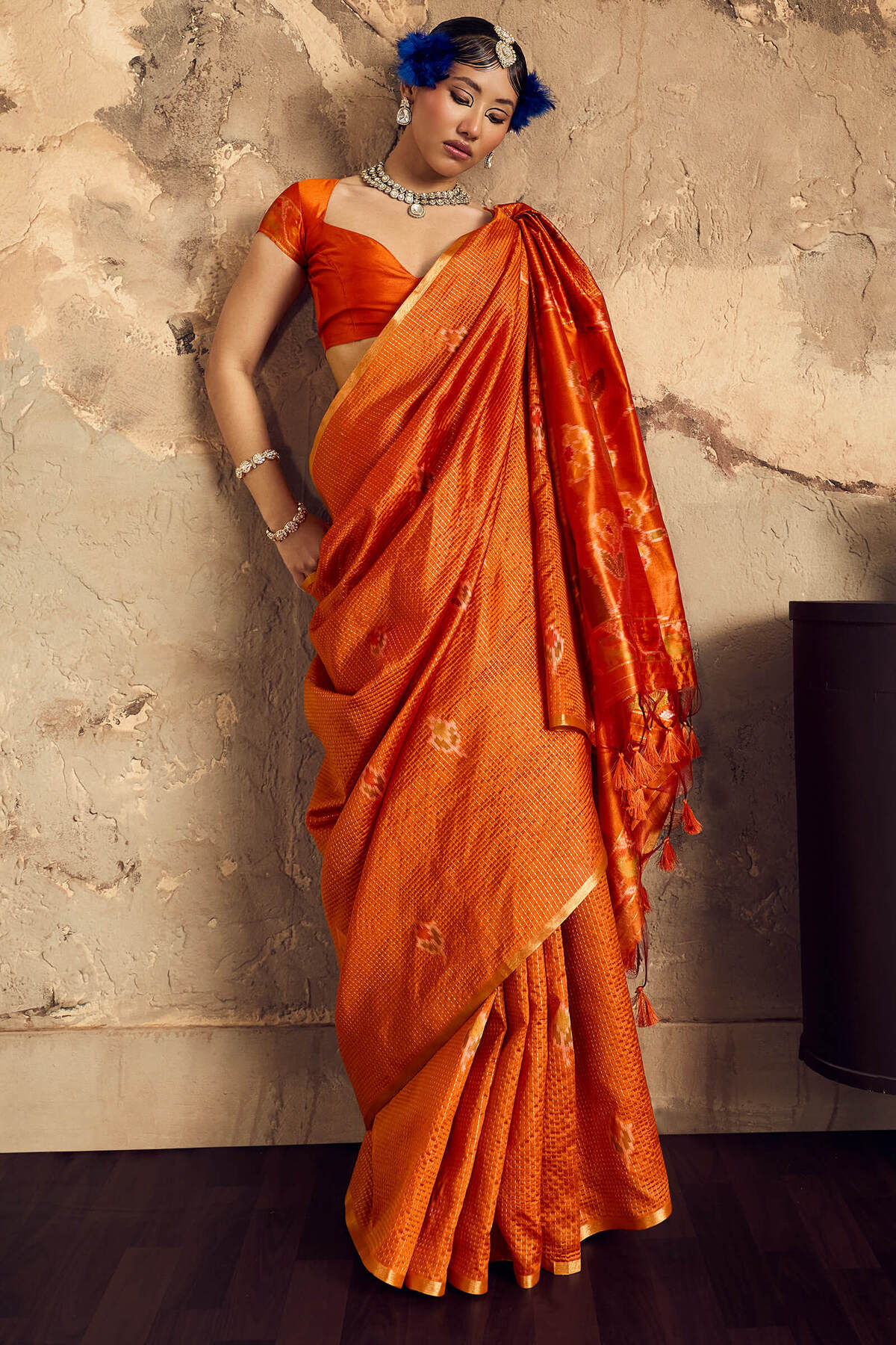 Exceptional Orange Banarasi Handloom Silk Saree With Traditional Blouse Piece