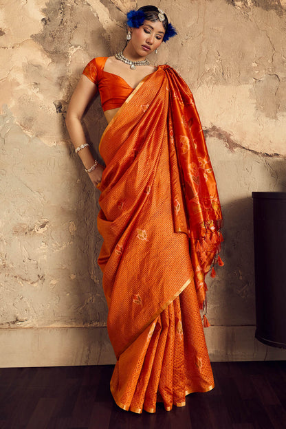 Exceptional Orange Banarasi Handloom Silk Saree With Traditional Blouse Piece
