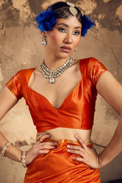 Exceptional Orange Banarasi Handloom Silk Saree With Traditional Blouse Piece