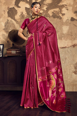 Staggering Wine Banarasi Handloom Silk Saree With Pleasurable Blouse Piece