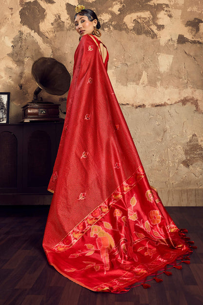 Stylish Red Banarasi Handloom Silk Saree With Magnificat Blouse Piece