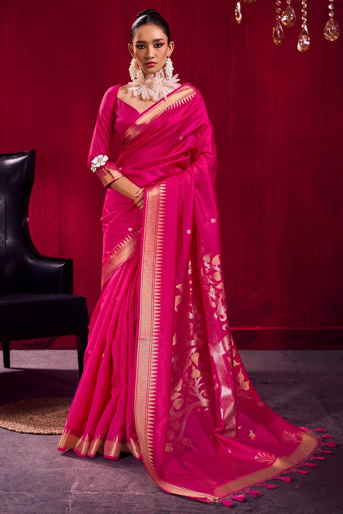 Mesmerising Dark Pink Banarasi Satin Silk Saree With Panache Blouse