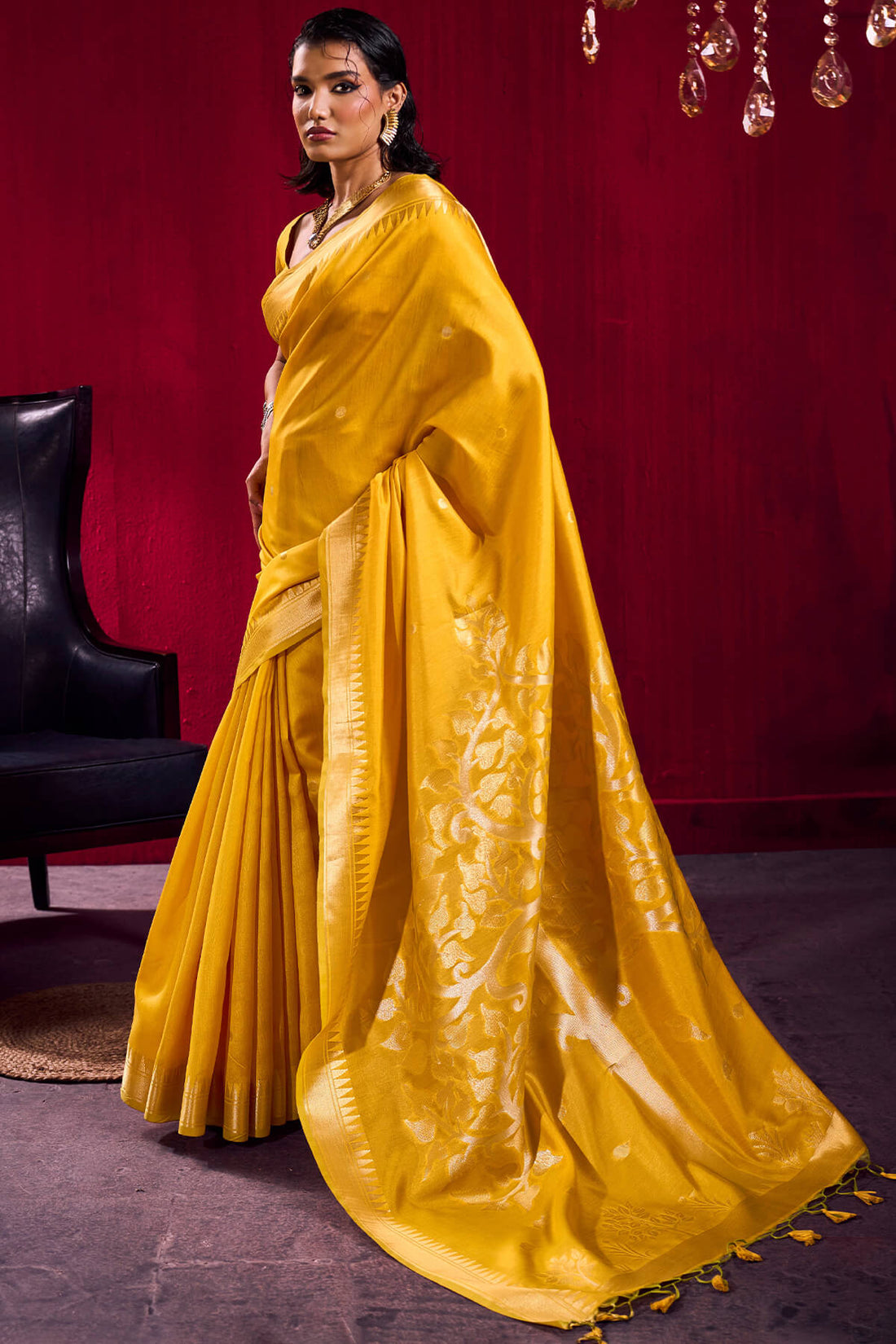Designer Yellow Banarasi Satin Silk Saree With Enigmatic Blouse