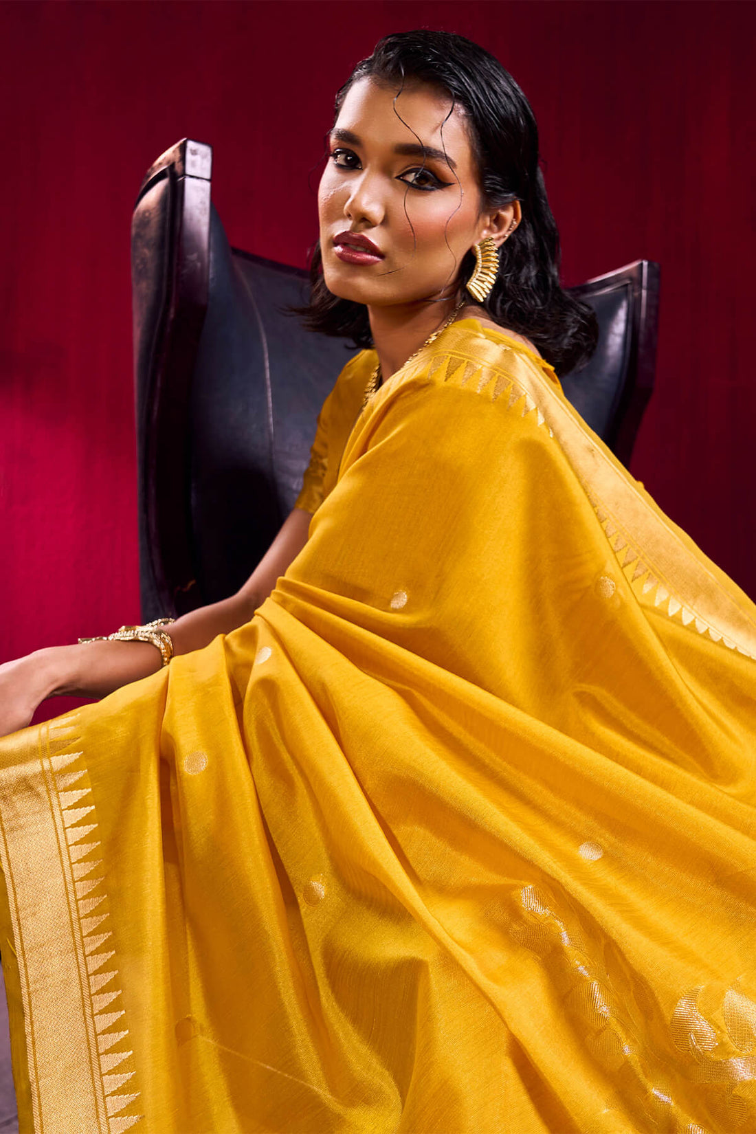 Designer Yellow Banarasi Satin Silk Saree With Enigmatic Blouse