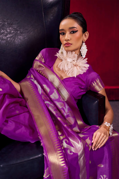 Mellifluous Purple Banarasi Satin Silk Saree With Prominent Blouse