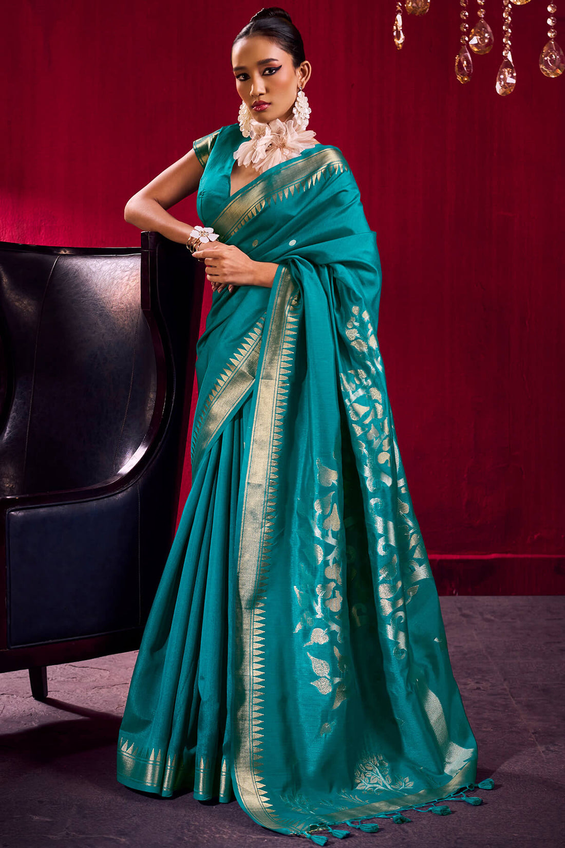 Fancifull Rama Banarasi Satin Silk Saree With Woebegone Blouse