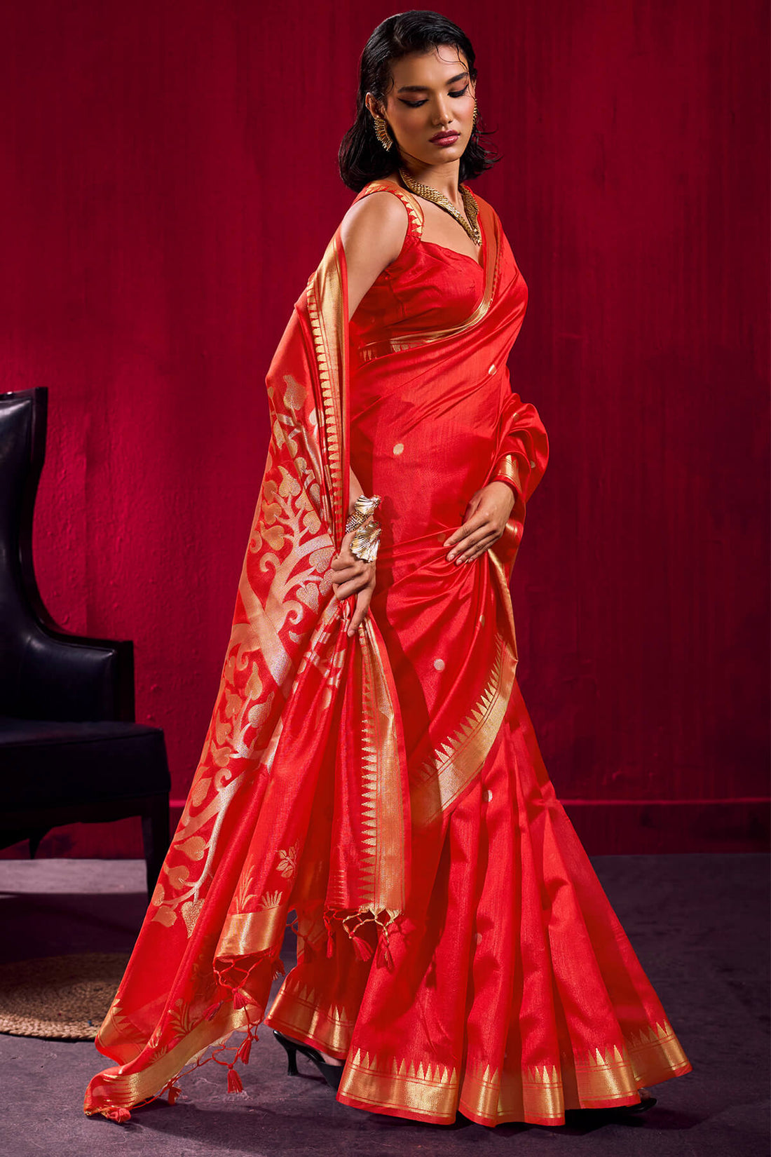 Lovely Red Banarasi Satin Silk Saree With Moiety Blouse