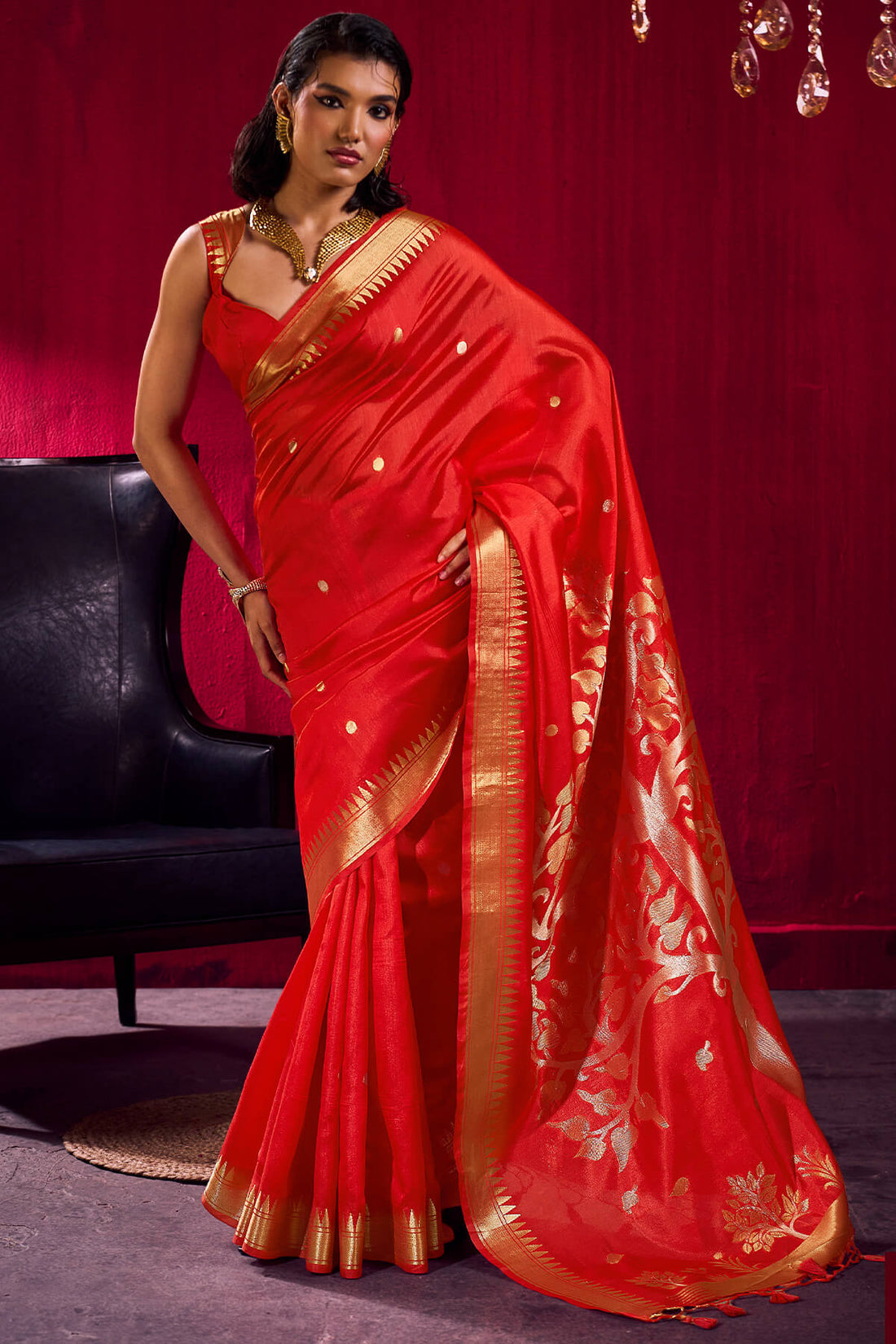 Lovely Red Banarasi Satin Silk Saree With Moiety Blouse