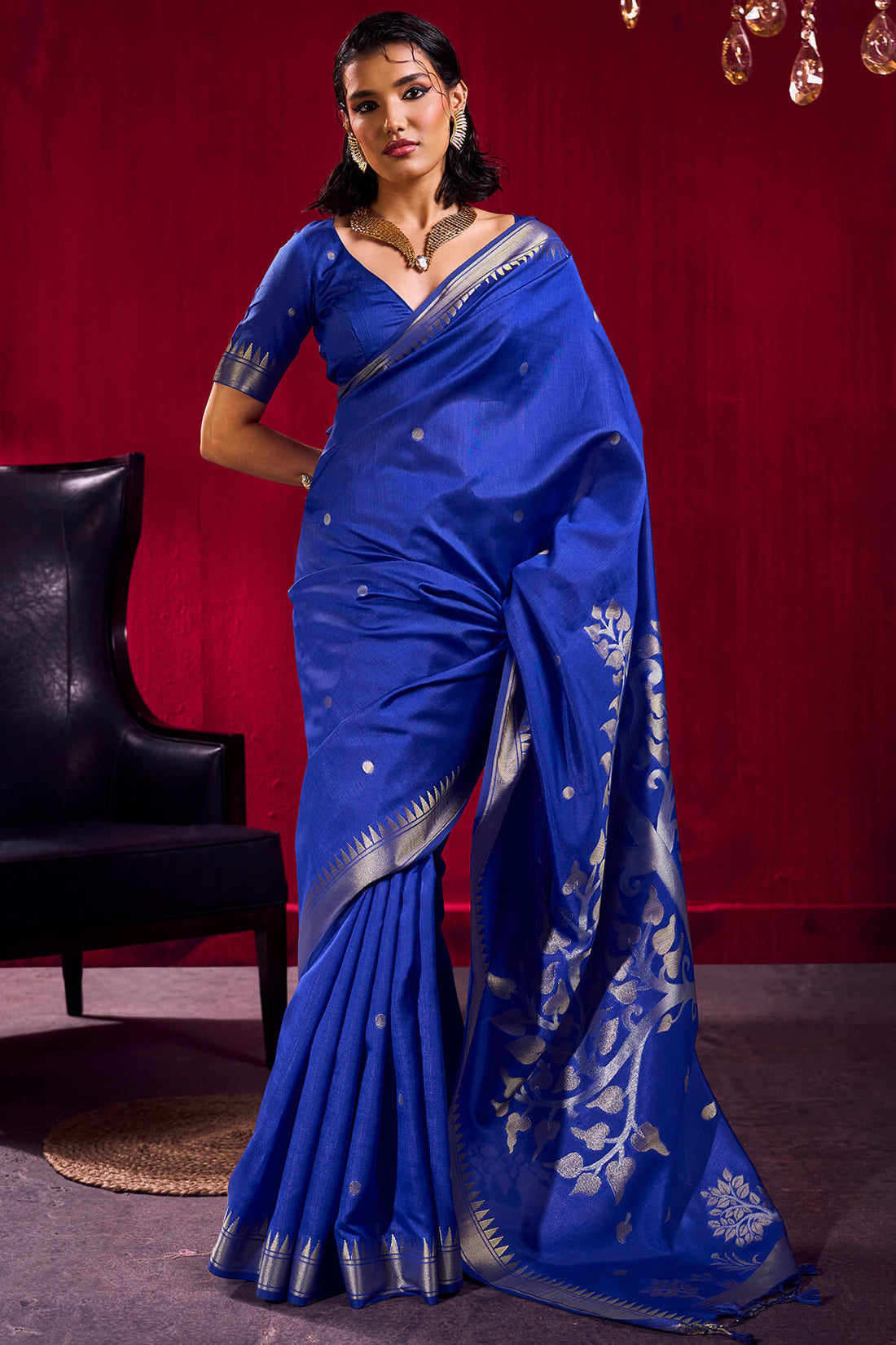 Enticing Royal Blue Banarasi Satin Silk Saree With Nebula Blouse