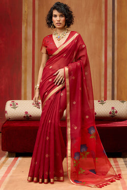 Skinny Red Pure Munga Cotton Saree With Outstanding Blouse Piece