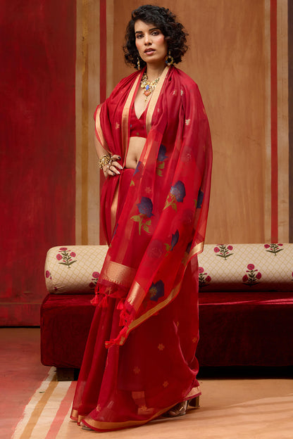 Skinny Red Pure Munga Cotton Saree With Outstanding Blouse Piece