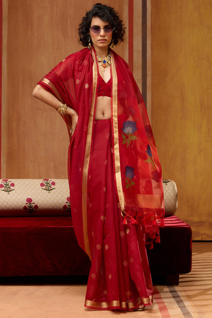 Skinny Red Pure Munga Cotton Saree With Outstanding Blouse Piece