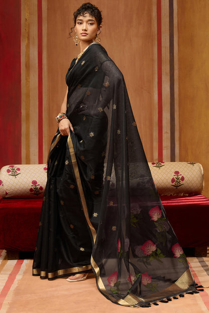 Petrichor Black Pure Munga Cotton Saree With Most Flattering Blouse Piece
