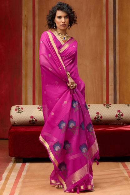 Supernal Magenta Pure Munga Cotton Saree With Conflate Blouse Piece