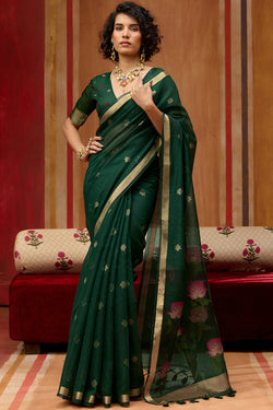 Magnificat Dark Green Pure Munga Cotton Saree With Beautiful Blouse Piece