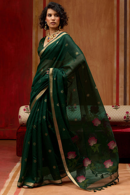 Magnificat Dark Green Pure Munga Cotton Saree With Beautiful Blouse Piece