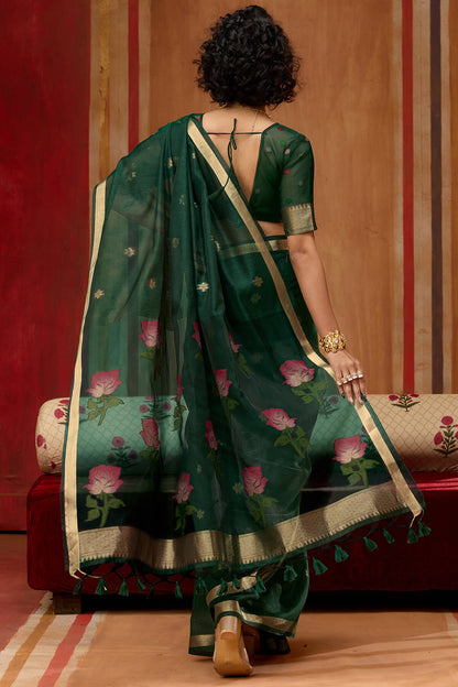 Magnificat Dark Green Pure Munga Cotton Saree With Beautiful Blouse Piece