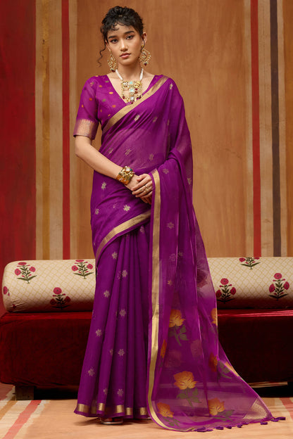 Mellifluous Purple Pure Munga Cotton Saree With Eclat Blouse Piece