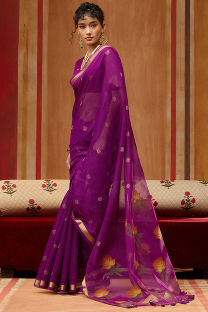 Mellifluous Purple Pure Munga Cotton Saree With Eclat Blouse Piece