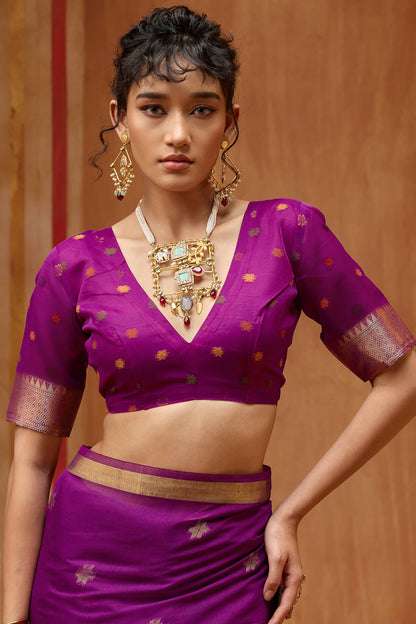 Mellifluous Purple Pure Munga Cotton Saree With Eclat Blouse Piece