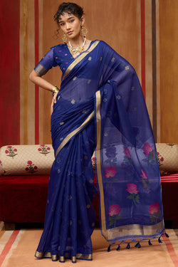 Stunning Navy Blue Pure Munga Cotton Saree With Super extravagant Blouse Piece