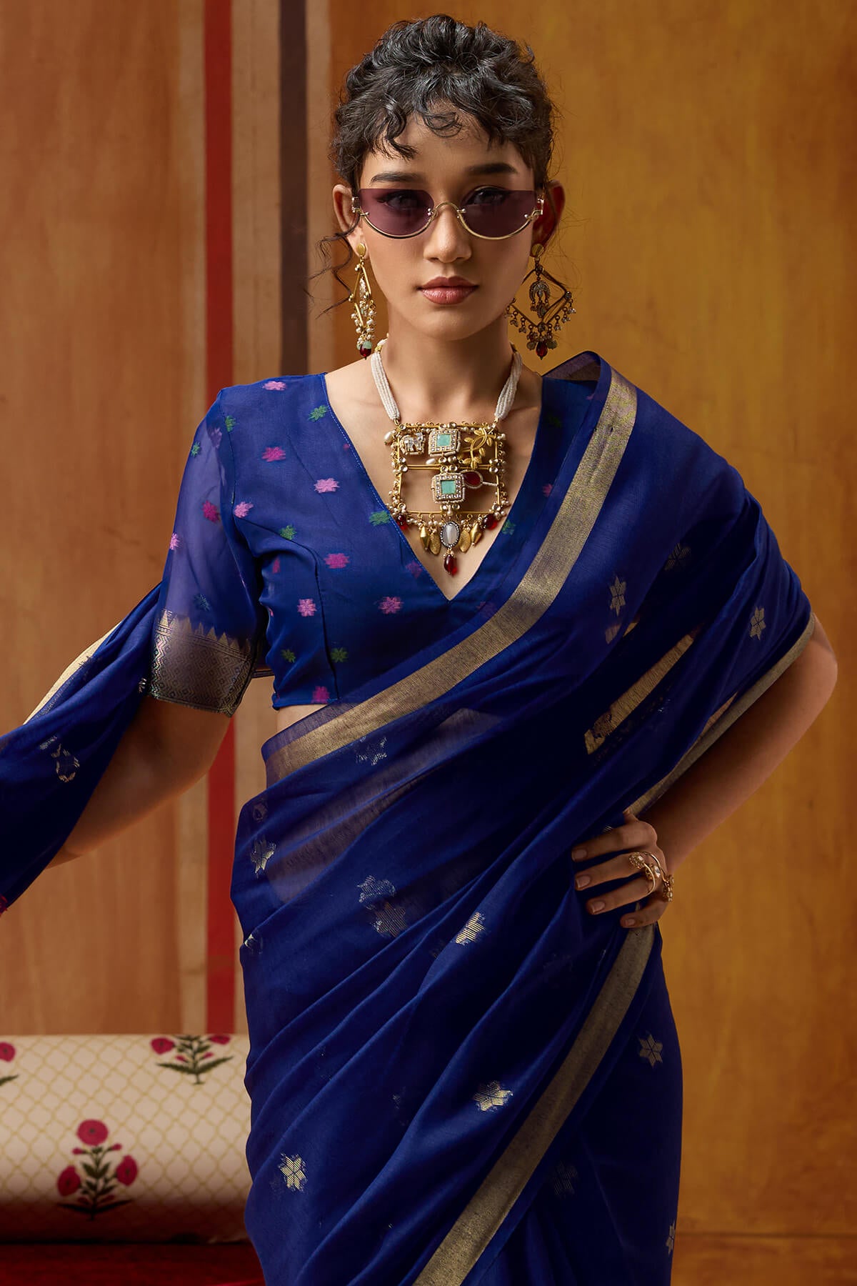 Stunning Navy Blue Pure Munga Cotton Saree With Super extravagant Blouse Piece