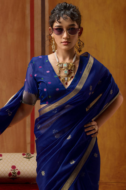 Stunning Navy Blue Pure Munga Cotton Saree With Super extravagant Blouse Piece
