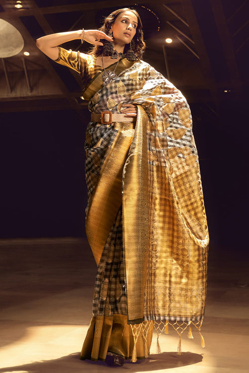 Load image into Gallery viewer, Mesmerising Grey and Yellow Soft Banarasi Silk Saree With Extraordinary Blouse
